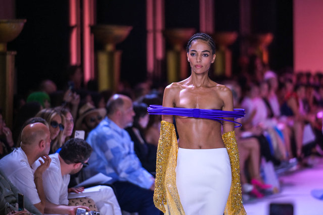 A model on the runway during the Georges Hobeika haute couture autumn/winter 23/24 show at Palais de Chaillot, as part of Paris fashion week in Paris, France on July 4, 2023. (Photo by Abd Rabbo Ammar/Abaca Press/Rex Features/Shutterstock)