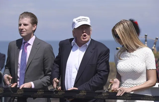 Republican presidential candidate Donald Trump, his son Eric (L) and his daughter Ivanka (R) cut the ribbon to open his Turnberry golf course, in Turnberry, Scotland, Britain June 24, 2016. (Photo by Clodagh Kilcoyne/Reuters)