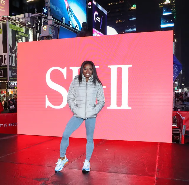Olympic Gymnast Simone Biles appears in Times Square for SK-II Beauty Campaign on March 03, 2020 in New York City. (Photo by Arturo Holmes/Getty Images)