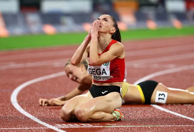 Gold medalist Luiza Gega of Albania celebrates after the Athletics - Women's 3000m Steeplechase Final on day 10 of the European Championships Munich 2022 at Olympiapark on August 20, 2022 in Munich, Germany. (Photo by Wolfgang Rattay/Reuters)