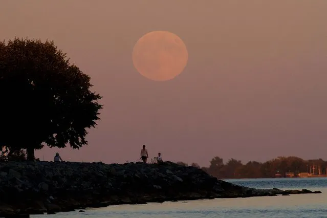 The Supermoon rises over Lake Ontario as people walk along the shore in Kingston, Ontario. (Photo by Lars Hagberg/The Canadian Press)