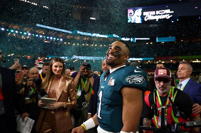 Philadelphia Eagles quarterback Jalen Hurts celebrates after defeating the Kansas City Chiefs in Super Bowl LIX on February 9 2025. (Photo by Mark J. Rebilas/USA TODAY Sports