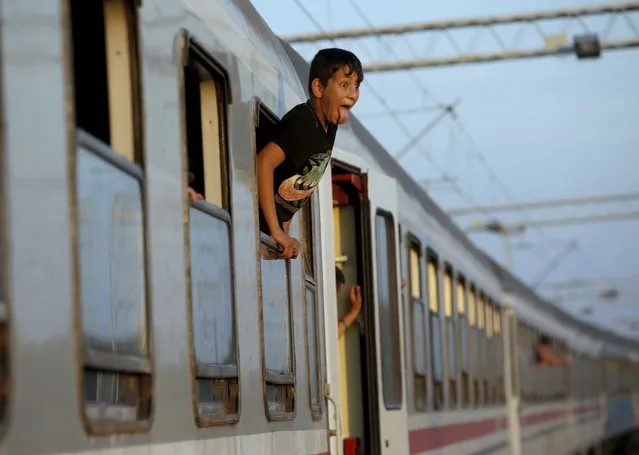 A young migrant pokes his tongue out as he hangs out from the window of a train while waiting to depart from the railway station in Tovarnik, Croatia September 22, 2015. More than 30,000 migrants, many of them Syrian refugees, have entered European Union member Croatia from Serbia since Tuesday last week, when Hungary barred their entry to the EU over its southern border with Serbia with a metal fence. (Photo by Marko Djurica/Reuters)