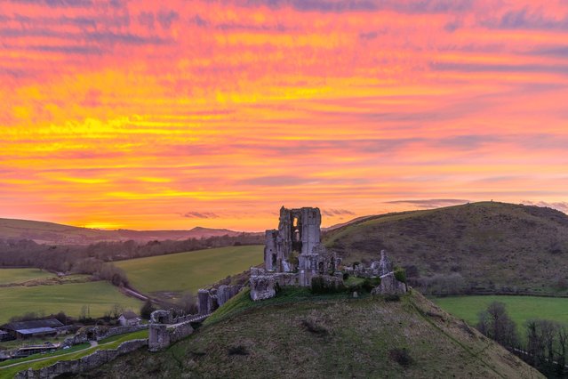 The calm after Storm Eowyn with a sunset over Corfe Castle in Dorset on Saturday, January 25, 2025. (Photo by Cenk Albayrak-Touye/Picture Exclusive)