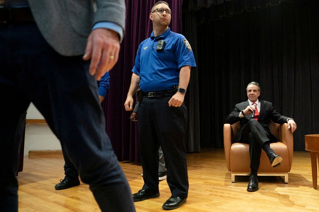 Mayoral candidate Andrew Cuomo sits on stage after protestors interrupted his speech during a Democratic mayoral forum at Medgar Evers College in New York City on April 24, 2025. (Photo by David 'Dee' Delgado/Reuters)