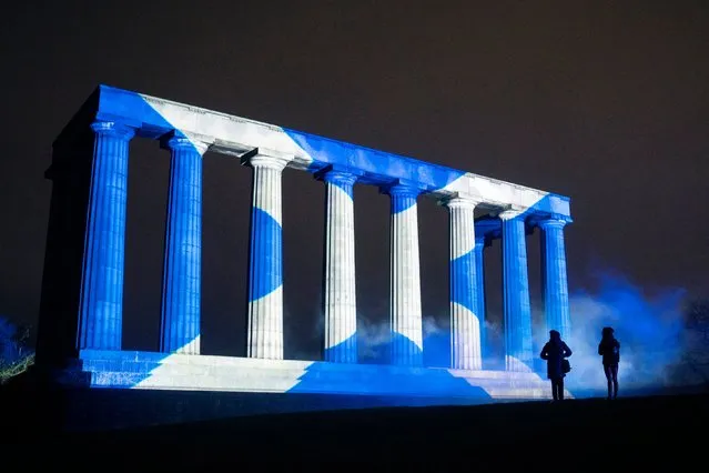 The National Monument of Scotland on Calton Hill, Edinburgh on Thursday, December 1, 2022, forms the backdrop to projected images created by artists from 16 prestigious Italian digital art studios for the Farnesina Digital Art Experience. The event organised by the Italian Institute of Culture and the Consulate General of Italy aims to showcase Italy and Scotland as countries that innovate in art and culture. (Photo by Jane Barlow/PA Images via Getty Images)