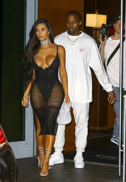 Kim Kardashian and Kanye West were spotted leaving their hotel in Miami, Florida on September 17, 2016. Kim left little to the imagination with a tight black outfit that showed a lot of cleavage and thigh. (Photo by FameFlynet UK)
