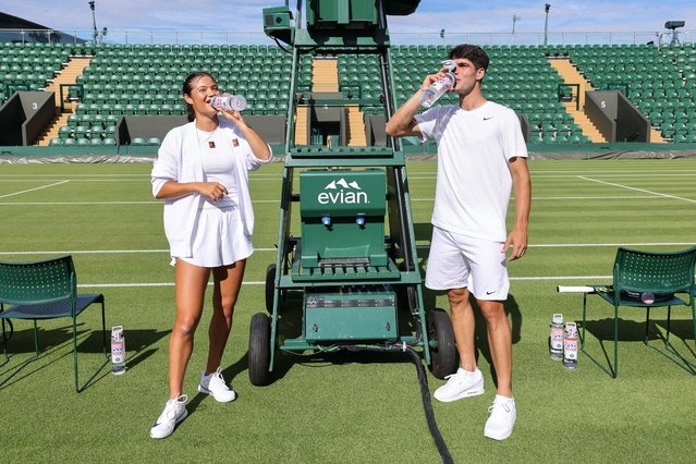 Emma Raducanu and Carlos Alcaraz attend evian's Pre-Wimbledon event at their Mountain Of Youth VIP Suite at Wimbledon on June 27, 2025 in London, England. (Photo by Max Cisotti/Dave Benett/Getty Images for evian)