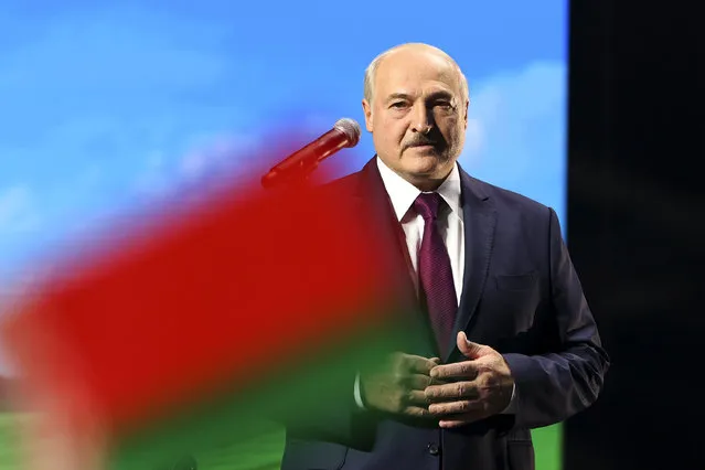 Belarusian President Alexander Lukashenko addresses a women's forum in Minsk, Belarus, Thursday, September 17, 2020. Lukashenko has given a speech at a women's forum with some good quotes — he's announced Belarus will close the border with Ukraine, Poland and Lithuania, and is mobilizing half the army. (Photo by BelTA Pool Photo via AP Photo)