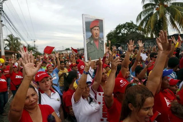 A supporter of late Venezuela's President Hugo Chavez holds a poster of him during a campaign rally held by pro-government candidates for the upcoming legislative elections, in Barinas, November 18, 2015. (Photo by Marco Bello/Reuters)