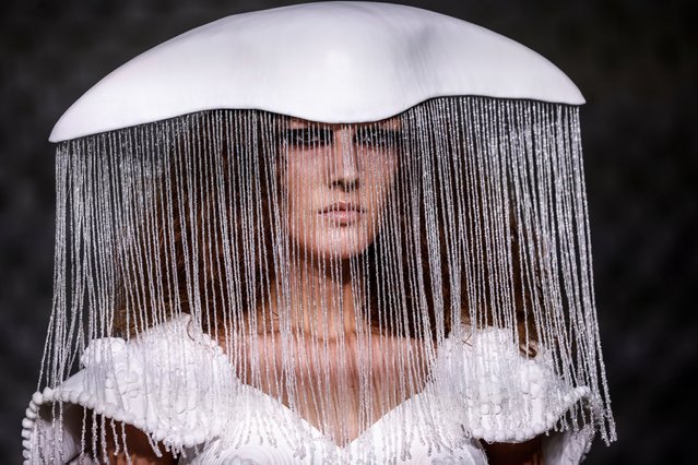 A model presents a creation from the Spring/Summer 2025 Womenswear collection by Spanish designer Luis de Javier during the Paris Fashion Week, in Paris, France, 24 September 2024. The presentation of the Women's ready-to-wear collections runs from 23 September to 01 October 2024. (Photo by Yoan Valat/EPA/EFE)