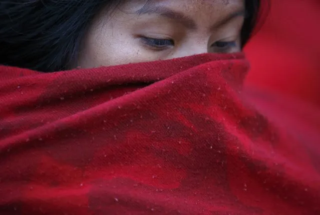 A devotee covers her face after taking a holy bath during the Swasthani Brata Katha festival in Kathmandu January 20, 2015. (Photo by Navesh Chitrakar/Reuters)