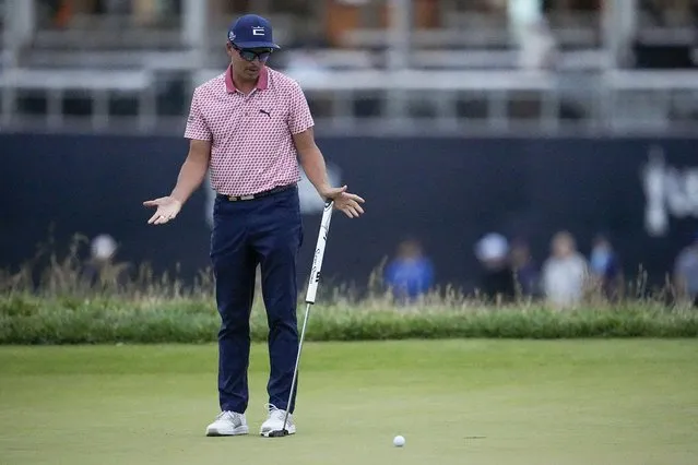 Rickie Fowler reacts after missing a putt on the 18th hole during the third round of the U.S. Open golf tournament at Los Angeles Country Club on Saturday, June 17, 2023, in Los Angeles. (Photo by George Walker IV/AP Photo)