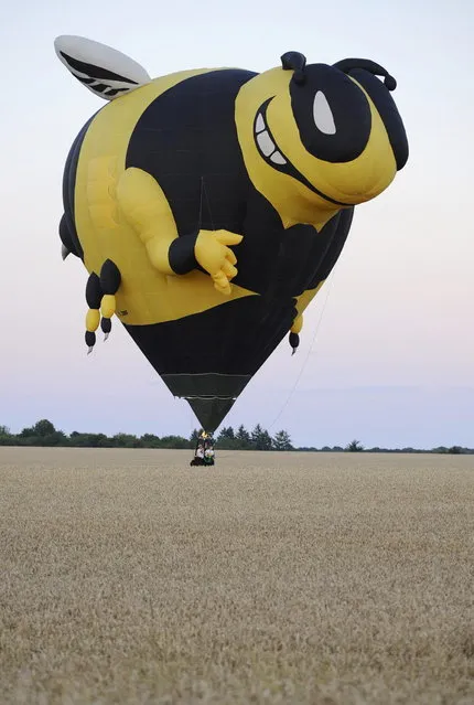 A hot-air balloon shaped as a giant bee is filled with air before flyingover Chambley-Bussieres, eastern France, on July 31, 2013, as part of an event trying to set a world record with 408 balloons in the sky, as part of the yearly event “Lorraine Mondial Air Ballons”, an international air-balloon meeting. (Photo by Jean-Christophe Verhaegen/AFP Photo)