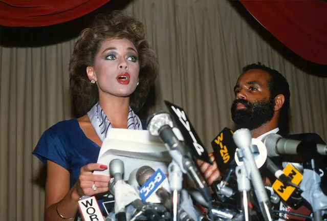 Vanessa Williams resigns her Miss America title July 23, 1984 in New York City. Nude photographs of Miss Williams and another woman surfaced, forcing her to relinquish her title. (Photo by Yvonne Hemsey/Getty Images)