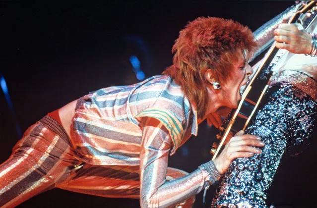 Bowie bites the strings of his guitarist, Mick Ronson, in 1973. (Photo by Rex Features)