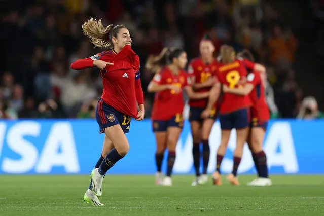 Olga Carmona of Spain celebrates after scoring her team's first goal during the FIFA Women's World Cup Australia & New Zealand 2023 Final match between Spain and England at Stadium Australia on August 20, 2023 in Sydney, Australia. (Photo by Catherine Ivill/Getty Images)