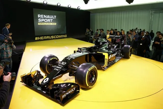 The new Renault RS16 Formula One racing car is seen during its official presentation at the company's research center, the Technocentre, in Guyancourt, near Paris, France, February 3, 2016. (Photo by Benoit Tessier/Reuters)