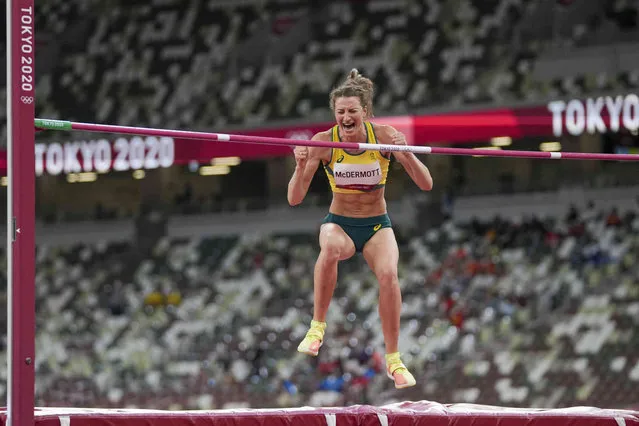 Nicola Mcdermott, of Australia, reacts in the women's high jump final at the 2020 Summer Olympics, Saturday, August 7, 2021, in Tokyo. (Photo by Matthias Schrader/AP Photo)