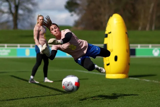 Mary Earps of England makes a save during an England Training Session at St George's Park on April 02, 2024 in Burton upon Trent, England. (Photo by Naomi Baker/The FA via Getty Images)