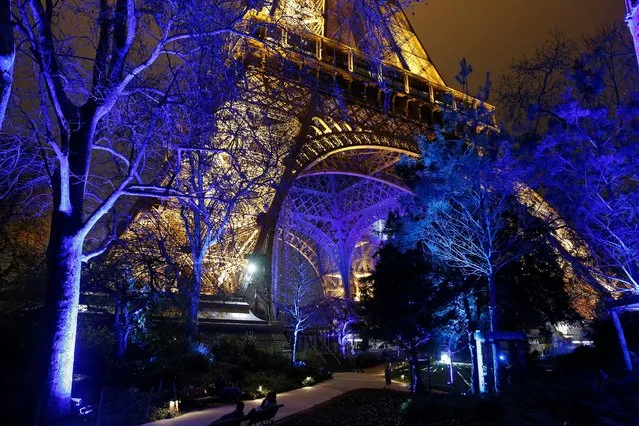 Part of the Eiffel Tower is illuminated in blue for Christmas and New Year celebrations on December 13, 2021 in Paris, France. The Eiffel Tower is adorned with its festive colors from December 11, 2021 to January 2, 2022 to celebrate Christmas and the New Year. (Photo by Chesnot/Getty Images)