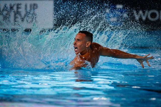 Colombia's Gustavo Sanchez competes in the final of the Men Solo Technical swimming event during the World Aquatics Artistic Swimming World Cup as part of a test event at the Aquatics Centre for the Paris 2024 Olympic Games in Saint-Denis, near Paris on May 3, 2024. (Photo by Dimitar Dilkoff/AFP Photo)