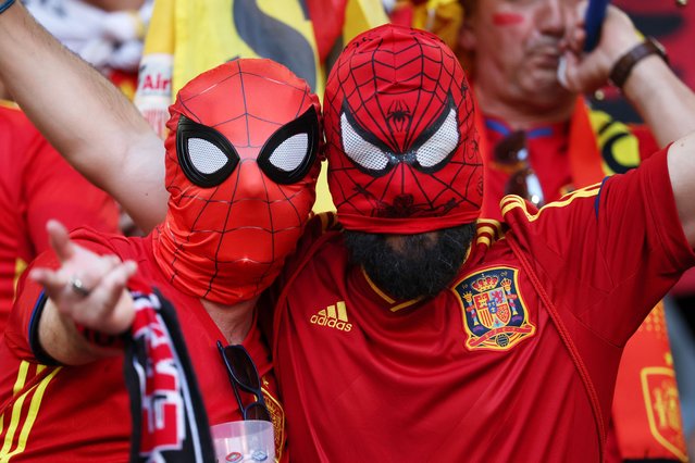 Spain supporters cheer and pose ahead of the UEFA EURO 2024 group B soccer match between Albania and Spain, in Dusseldorf, Germany, 24 June 2024. (Photo by Friedemann Vogel/EPA/EFE)