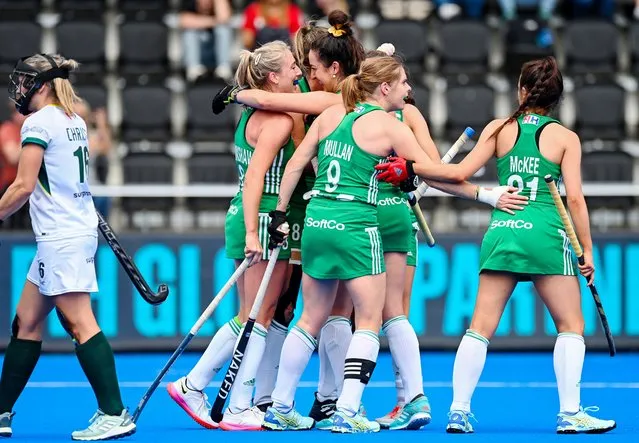 Sarah Hawkshaw of Ireland celebrating scoring her first goal during the FIH Hockey Women's World Cup 2022 match between Ireland and South Africa at the Wagener Hockey Stadium on July 10, 2022 in Amstelveen, Netherlands. (Photo by Frank Uijlenbroek/©INPHO)