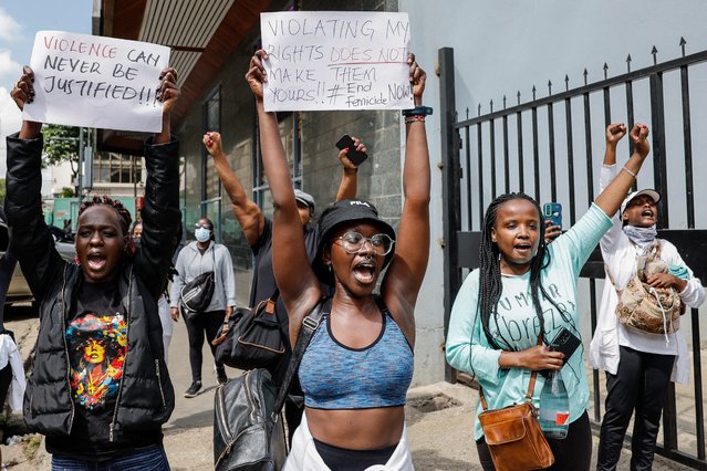 Activists chant slogans and hold placards as they take part in a march against femicide and gender-based violence in Nairobi, on December 10, 2024. Kenyan police teargassed a peaceful march against femicide in the capital Nairobi on December 10, 2024, detaining a number of protesters even as more streamed onto the streets in support. (Photo by Simon Maina/AFP Photo)