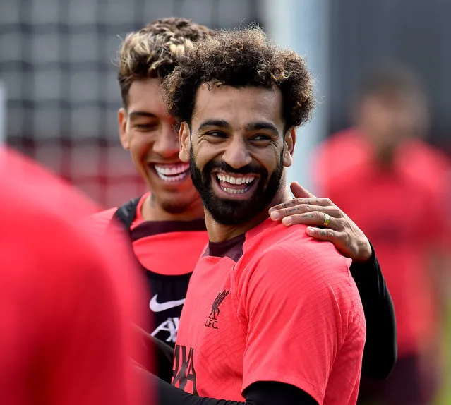 Mohamed Salah and Roberto Firmino of Liverpool during a training session at AXA Training Centre on August 25, 2022 in Kirkby, England. (Photo by Andrew Powell/Liverpool FC via Getty Images)