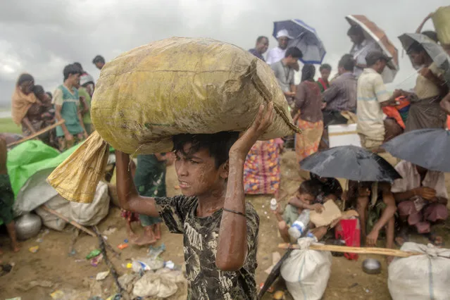 A newly arrived Rohingya Muslim boy, who crossed over from Myanmar into Bangladesh, carries his belonging in the rain in Palong Khali, Bangladesh, Tuesday, October 17, 2017. Thousands more Rohingya Muslims are fleeing large-scale violence and persecution in Myanmar and crossing into Bangladesh, where more than half a million others are already living in squalid and overcrowded camps, according to witnesses and a drone video shot by the U.N. office for refugees. (Photo by Dar Yasin/AP Photo)