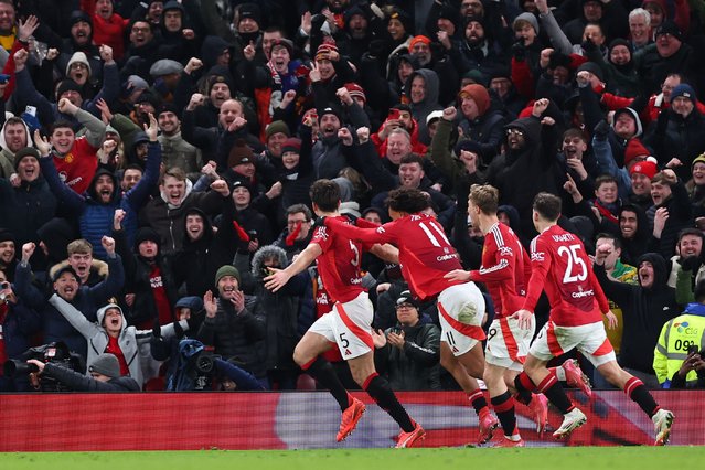 Harry Maguire of Manchester United celebrates after scoring a goal to make it 2-1 during the Emirates FA Cup Fourth Round match between Manchester United and Leicester City at Old Trafford on February 7, 2025 in Manchester, England. (Photo by Robbie Jay Barratt - AMA/Getty Images)