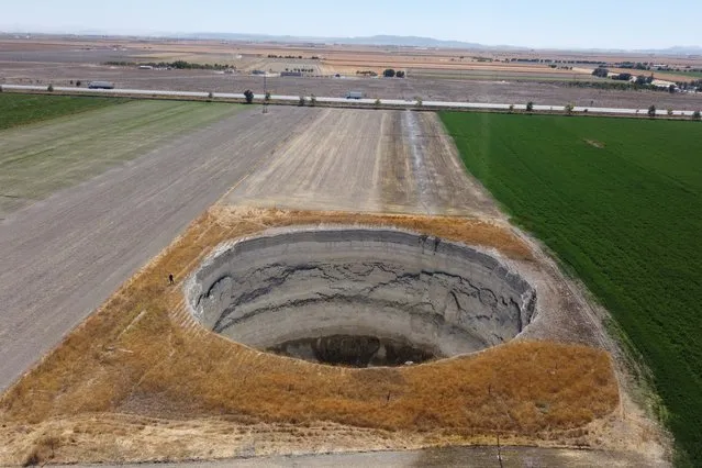 An aerial view of a sinkhole in a field at Konya valley in Konya, Turkiye on September 27, 2022. (Photo by Abdullah Dogan/Anadolu Agency via Getty Images)