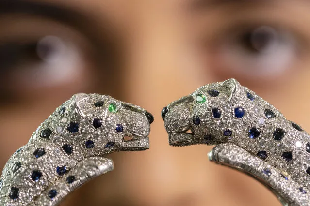 A model holds a Sapphire, onyx, emerald and diamond panther bangle signed by Cartier that could fetch 400,000 Swiss francs during a preview at Sotheby's before the auction sale in Geneva, Switzerland on November 3, 2022. (Photo by Denis Balibouse/Reuters)