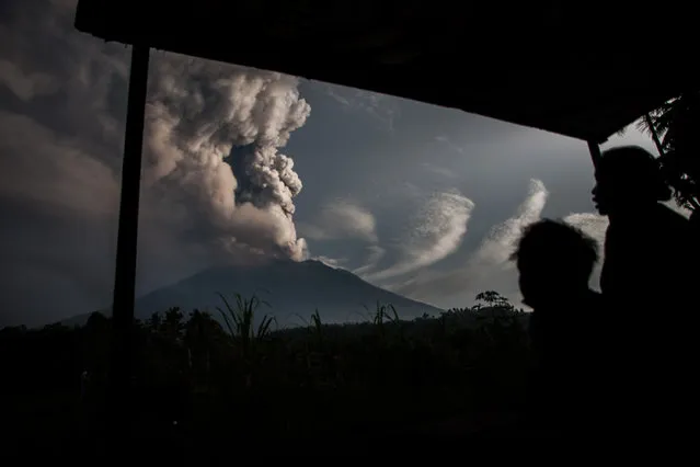 The morning of Mount Agung eruption was seen at Muncan Village on 28 November 2017 in Karangasem regency, Bali, Indonesia. Great volcanic activity in lifting back to level IV by volcanology center and geological hazard mitigation (PVMBG). Lava cool down quickly, bali service in closed temporarily due to the impact of the eruption of volcano Agung. (Photo by Muhammad Fauzy/NurPhoto via Getty Images)