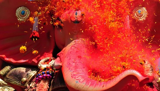 Devotees carrying an idol of Hindu Lord Ganesha to immerse in river on the last day of the Ganesh Chaturthi festival at Lalbaug on September 27, 2015 in Mumbai, India. Ganesh idols are taken through the streets in a procession for immersion in a river or a sea, symbolising a ritual seeing-off of his journey towards his abode, taking away with him the misfortunes of all mankind. It is said that after the Immersion of idol, Lord Ganesha residing in the idol, who listened to the prayers and request of his devotees for ten days, returns back to his heavenly abode. Despite recent orders from National Green Tribunal against putting non biodegradable material in water bodies, hundreds of plasters of Paris idols were immersed in water bodies across the city. (Photo by Anshuman Poyrekar/Hindustan Times via Getty Images)
