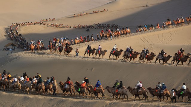 Tourists ride camels at Mingsha Mountain and Crescent Spring scenic spot during the National Day and Mid-Autumn Festival holiday on October 6, 2025 in Dunhuang, Jiuquan City, Gansu Province of China. Tourist destinations across China are witnessing a surge in visitors as the country's eight-day National Day and Mid-Autumn Festival holiday began on October 1. (Photo by Chen Kun/VCG via Getty Images)