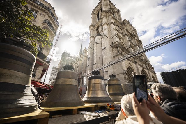 Eight bells return to the north belfry of Notre-Dame de Paris cathedral, central Paris, France on September 12, 2024. From “Gabriel”, weighing over four tonnes, to the smaller “Jean-Marie”, named in tribute to Cardinal Lustiger: on September 12, Notre-Dame de Paris welcomes back the eight bells in its northern belfry, less than three months before the cathedral reopens. These eight bells, bearing the names of personalities who have marked the life of the diocese and the Church, were removed in July 2023 to allow the restoration of the north tower, which was affected by the flames of the giant fire on April 15, 2019. (Photo by Blondet Eliot/ABACA Press/Rex Features/Shutterstock)