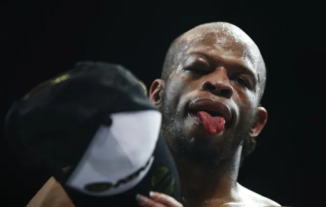 Portugal's Vitor Pinto reacts at the end of his International Pro Combat fight against Portugal's Joao Bonfim “Cabralia” (not pictured) at Casino Estoril January 26, 2015. (Photo by Rafael Marchante/Reuters)