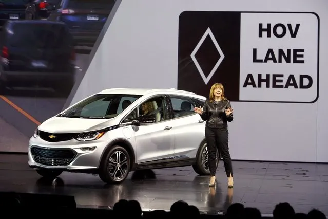 General Motors Chairman and CEO Mary Barra unveils the 2017 Chevrolet Bolt EV during a keynote address at the 2016 CES trade show in Las Vegas, Nevada January 6, 2016. The car will have a 200-mile range and cost about $30,000, she said. (Photo by Steve Marcus/Reuters)