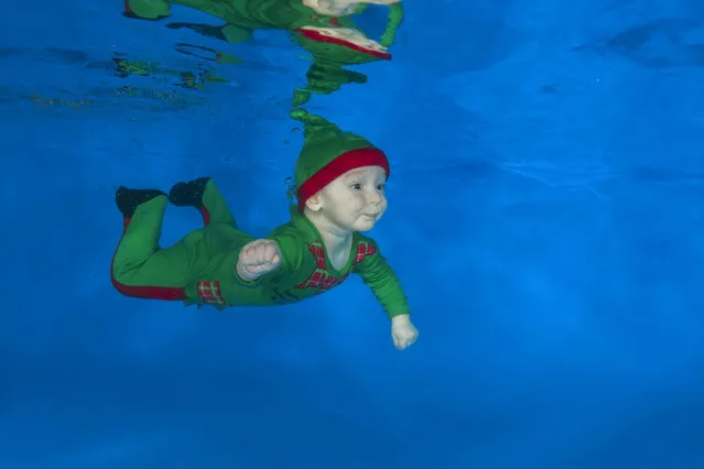 Infant in Christmas suit posing underwater in the pool on December 15, 2016 in Odessa, Ukraine. (Photo by Andrey Nekrasov/Barcroft Images)