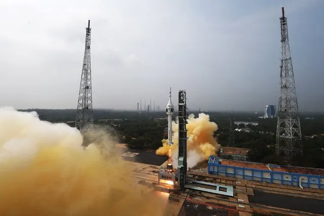This handout photo taken and released by Indian Space Research Organisation (ISRO) on October 21, 2023, shows the lift-off of the Gaganyaan Test Vehicle (TV) from the Satish Dhawan Space Centre in Sriharikota, an island off the coast of southern Andhra Pradesh state. India on October 21 successfully launched the first unmanned trial run of its upcoming crewed orbital mission, in the latest milestone for its spacefaring ambitions. (Photo by ISRO/AFP Photo)