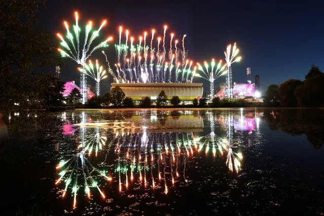 A general view of fireworks during the Birmingham 2022 Commonwealth Games Closing Ceremony at Alexander Stadium on August 08, 2022 on the Birmingham, England. (Photo by Phil Noble/Reuters)