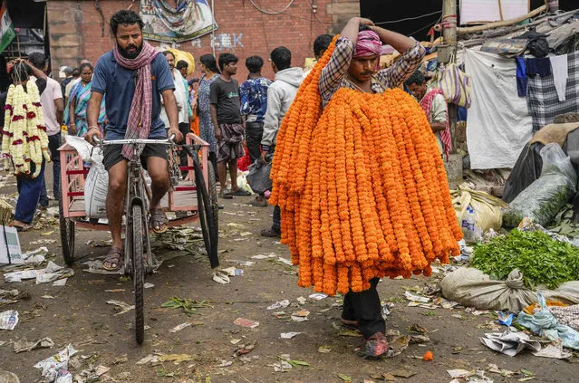A vendor walks with a huge load of marigold garlands for sale at a wholesale flower market in Kolkata, India, Thursday, ebruary 22, 2024. (Photo by Bikas Das/AP Photo)