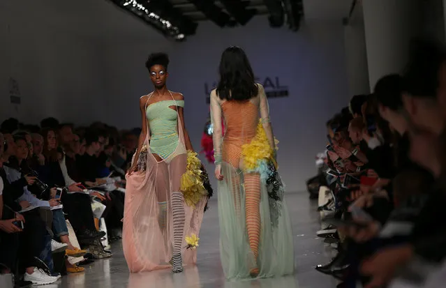 Models present creations at the Central St Martin's catwalk show during London Fashion Week in London, Britain February 17, 2017. (Photo by Neil Hall/Reuters)