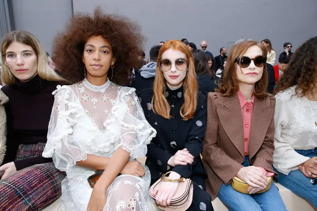 (L-R) Solange Knowles, Emma Roberts, Isabelle Huppert and Houda Benyamina attend the Chloe show as part of the Paris Fashion Week Womenswear Fall/Winter 2017/2018 on March 2, 2017 in Paris, France. (Photo by Bertrand Rindoff Petroff/Getty Images)