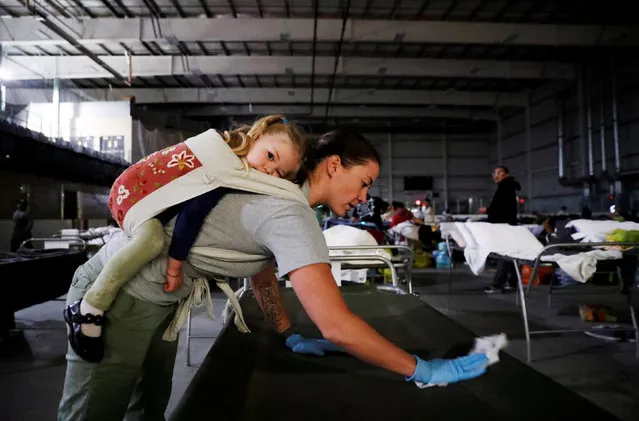 Volunteer Marlee Hildebrandt washes beds with her daughter Oakley on her back as she helps evacuees from the Fort McMurray wildfires at the “Bold Center” in Lac la Biche, Alberta, Canada, May 5, 2016. (Photo by Mark Blinch/Reuters)
