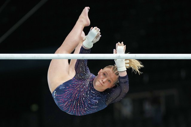 Jade Carey of the United States practices the uneven bars during a gymnastics training session at Bercy Arena at the 2024 Summer Olympics, Thursday, July 25, 2024, in Paris, France. (Photo by Francisco Seco/AP Photo)