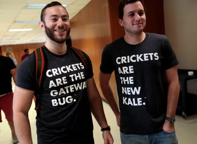 Gabi Lewis (L) and Greg Sewitz wear their t-shirts promoting crickets as food while attending the “Eating Insects Detroit: Exploring the Culture of Insects as Food and Feed” conference at Wayne State University in Detroit, Michigan May 26, 2016. (Photo by Rebecca Cook/Reuters)