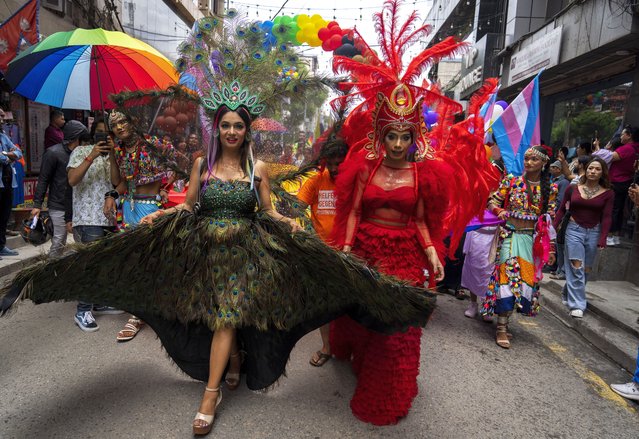 LGBTQ+ people and their supporters rally during the annual pride parade, in Kathmandu, Nepal, Tuesday, August 20, 2024. (Photo by Niranjan Shrestha/AP Photo)